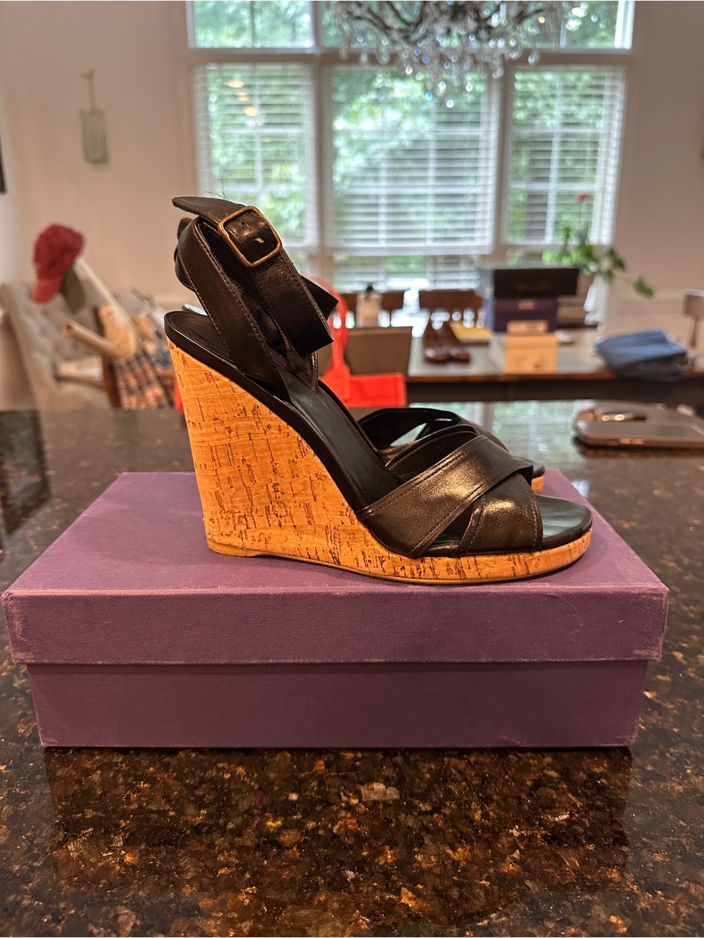 Stuart Weitzman Black Cork Wedge Sandals - Women